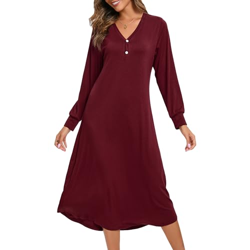 Xuepelit Nachthemd Damen Langarm Baumwolle Oversize Schlafshirt Stillnachthemd mit Knopfleiste Lang Sexy Nachtwäsche Unterkleid Große Größe Für Frauen Pyjamas Kleid ，Rot L von Xuepelit