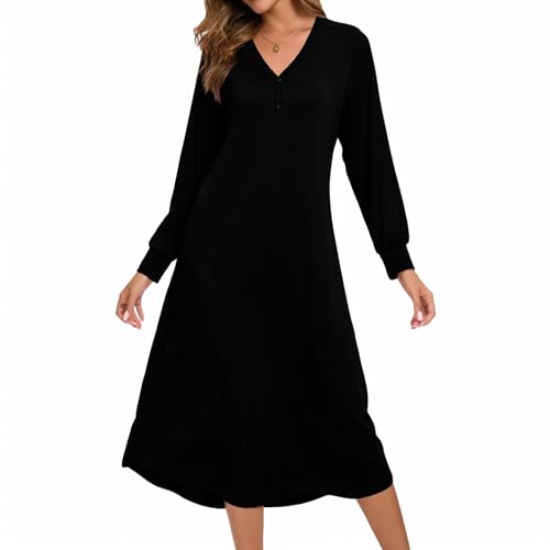 Xuepelit Nachthemd Damen Langarm Baumwolle Oversize Schlafshirt Stillnachthemd mit Knopfleiste Lang Sexy Nachtwäsche Unterkleid Große Größe Für Frauen Pyjamas Kleid ，Schwarz L von Xuepelit