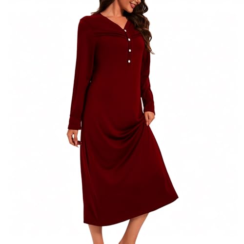 Xuepelit Nachthemd Damen Langarm Stillnachthemd Baumwolle Oversize Schlafshirt Lang Sexy Nachtwäsche Unterkleid Große Größe Für Frauen Pyjamas Kleid ，Rot L von Xuepelit