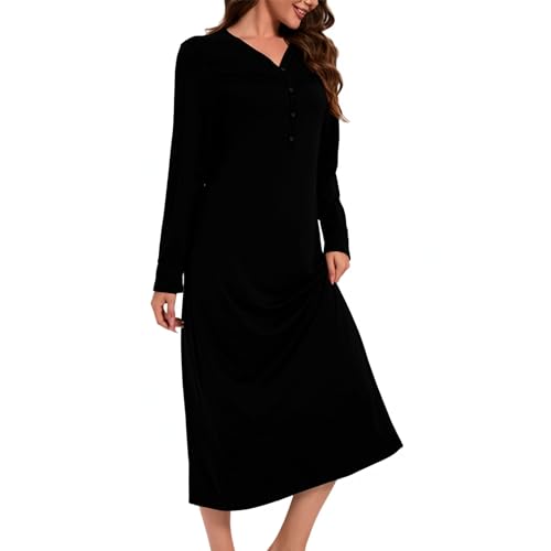 Xuepelit Nachthemd Damen Langarm Stillnachthemd Baumwolle Oversize Schlafshirt Lang Sexy Nachtwäsche Unterkleid Große Größe Für Frauen Pyjamas Kleid ，Schwarz L von Xuepelit