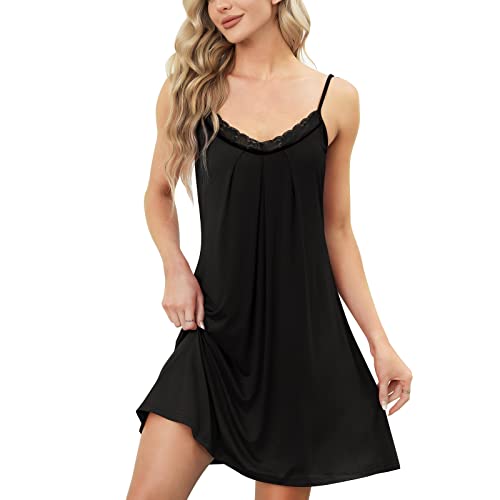 Xuepelit Nachthemd Damen Sexy Sommer Unterkleid für Frauen Spaghettiträger Negligee Nachtwäsche Babydoll Nachthemden Baumwolle mit Spitze, Schwarz L von Xuepelit