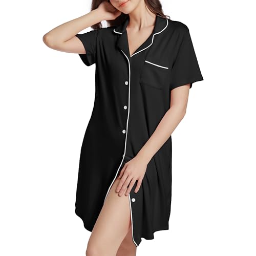 Xuepelit Nachthemd Damen Sommer Kurzarm mit Knöpfen Schlafshirt Nachtwäsche Sexy Nachthemd Damen Kurzarm Stillnachthemd Sleepshirt, Black 2XL von Xuepelit