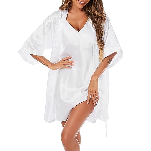 Xuepelit Nachthemd Damen Spaghettiträger Satin Set Morgenmantel Bride Bademantel Zweiteiliger Sexy Nachtwäsche Nachtkleid Kurz,Weiß,L von Xuepelit