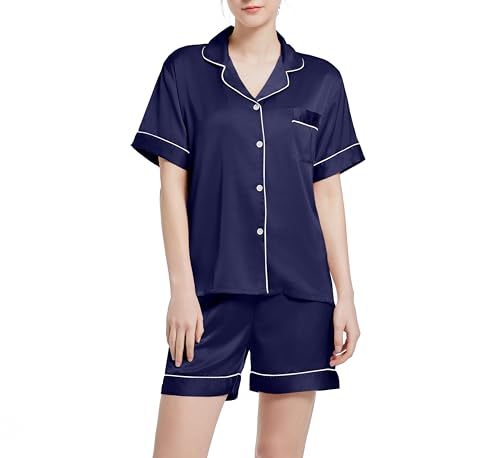 Xuepelit Pyjama Damen Satin Kurzarm Set Schlafanzug Damen Sommer mit Knopfleiste Seide Zweiteilige Nachtwäsche Lässig Seidenpyjamas für Damen，Blau XL von Xuepelit