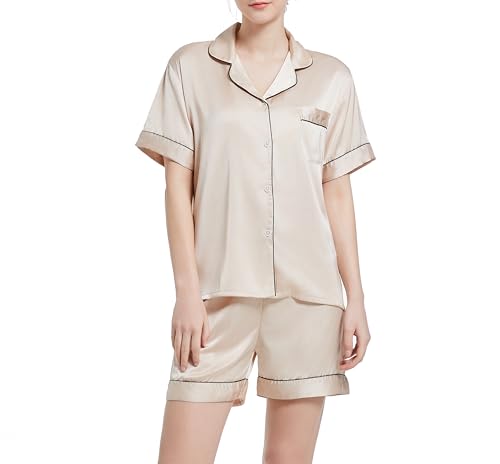 Xuepelit Pyjama Damen Satin Kurzarm Set Schlafanzug Damen Sommer mit Knopfleiste Seide Zweiteilige Nachtwäsche Lässig Seidenpyjamas für Damen，Champagner XXL von Xuepelit