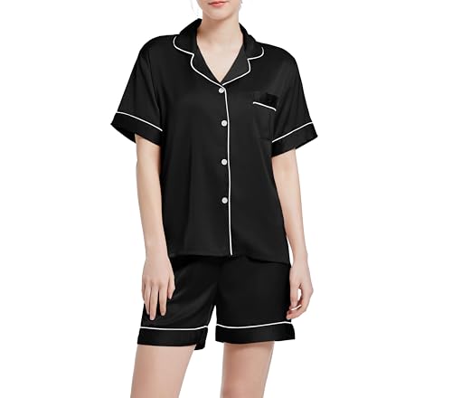 Xuepelit Pyjama Damen Satin Kurzarm Set Schlafanzug Damen Sommer mit Knopfleiste Seide Zweiteilige Nachtwäsche Lässig Seidenpyjamas für Damen，Schwarz XXL von Xuepelit