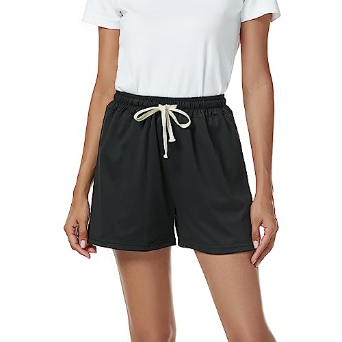 Xuepelit Pyjamahose Kurz Damen Schlaghose Schlafshorts Hose Mit Taschen Und Kordelzug,Schwarz,2XL von Xuepelit