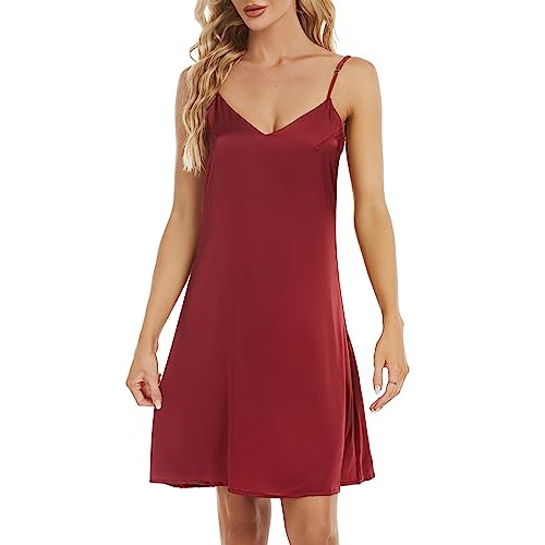 Xuepelit Satin Nachthemd Damen Sexy Negligee Unterkleid Babydoll Nachtwäsche Schwarz Spaghettiträger Nachtkleid，Tiefrot L von Xuepelit