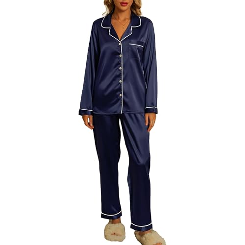 Xuepelit Satin Schlafanzug Damen Langarm Silk Pyjama Set Mit Knopfleiste Zweiteiler Loungewear Lang Elegant NachtwäSche Schlafshirt，Blau S von Xuepelit