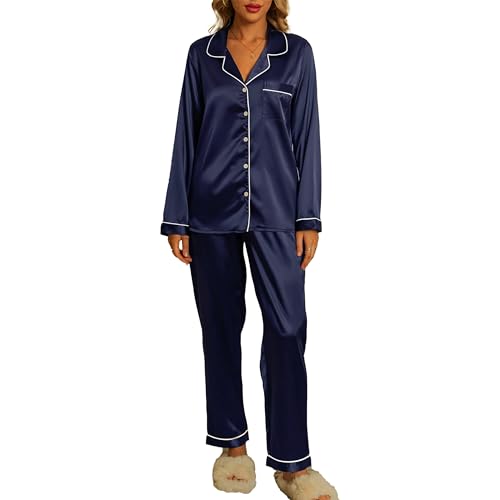 Xuepelit Satin Schlafanzug Damen Langarm Silk Pyjama Set Mit Knopfleiste Zweiteiler Loungewear Lang Elegant NachtwäSche Schlafshirt,Blau XXL Xuepelit Satin Schlafanzug Damen Langarm Silk Pyjama Set Mit Knopfleiste Zweiteiler Loungewear Lang Elegant NachtwäSche Schlafshirt,Blau XXL von Xuepelit