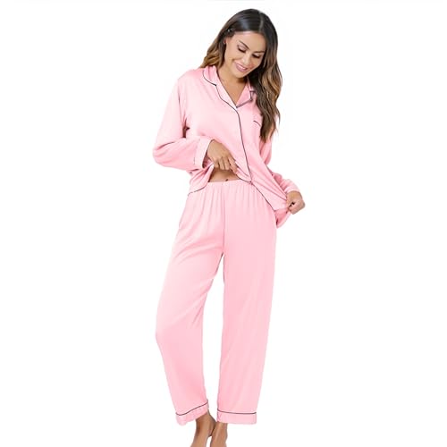 Xuepelit Satin Schlafanzug Damen Langarm Silk Pyjama Set Mit Knopfleiste Zweiteiler Loungewear Lang Elegant NachtwäSche Schlafshirt，Rosa XL von Xuepelit