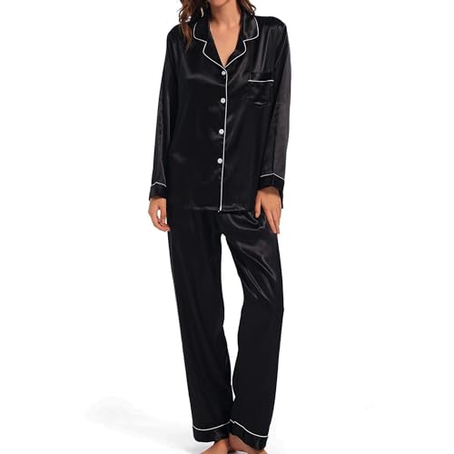 Xuepelit Satin Schlafanzug Damen Langarm Silk Pyjama Set Mit Knopfleiste Zweiteiler Loungewear Lang Elegant NachtwäSche Schlafshirt，Schwarz L von Xuepelit