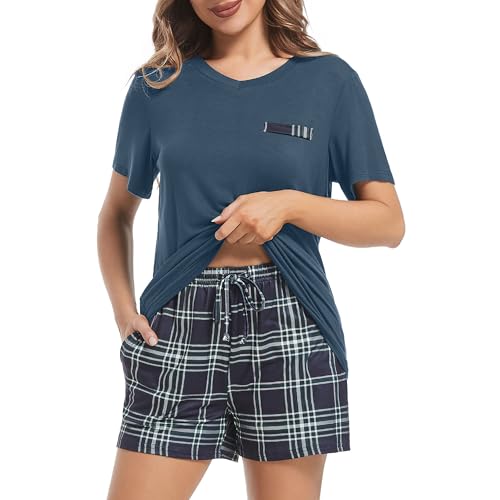 Xuepelit Schlafanzug Damen Kurz Pyjama Damen Sommer Zweiteiler Damen Baumwolle Set Schlafshirt Damen Kurzarm Shorty, Green XL von Xuepelit