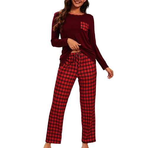 Xuepelit Schlafanzug Damen Langarm Pyjama Set Zweiteiler Loungewear Lang NachtwäSche Schlafshirt，Rot L von Xuepelit