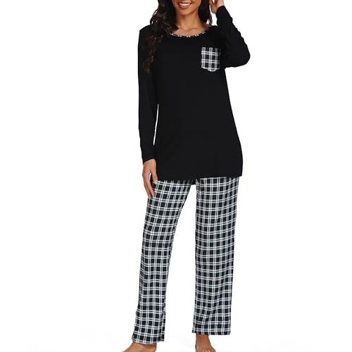 Xuepelit Schlafanzug Damen Langarm Pyjama Set Zweiteiler Loungewear Lang NachtwäSche Schlafshirt，Schwarz XXL von Xuepelit