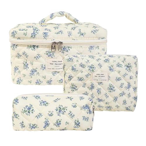 Kosmetiktaschen-Set, 3-teilig | Kosmetiktasche Damen Reise Kulturbeutel Set | Gesteppte Kosmetiktasche Mit Blumenmuster | Kulturbeutel Aesthetic Blumen | Kulturbeutel Make Up Tasche Baumwolle von Xujuika