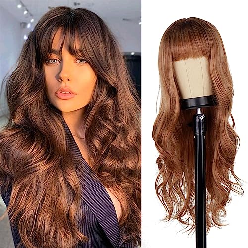 Damen Perücken Braune lange synthetische Perücke for Frauen, natürliche Wellenperücke mit Pony, hitzebeständiges Cosplay-Haar Haare täglich Perücke(Color:R2-118-39A) von Xumh2024-3