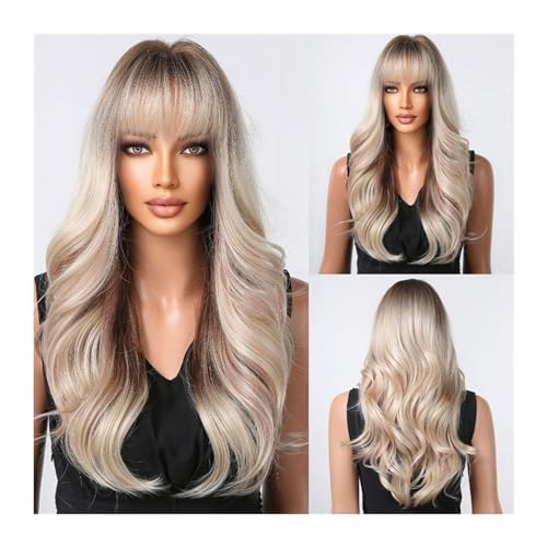 Damen Perücken Burgunderrote lange gewellte Perücken, weinrote Perücke mit Pony for Frauen, tägliche Kunsthaar-Cosplay-Perücke, hitzebeständige Faser Haare täglich Perücke(Color:LC2103-1) von Xumh2024-3
