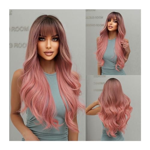 Damen Perücken Burgunderrote lange gewellte Perücken, weinrote Perücke mit Pony for Frauen, tägliche Kunsthaar-Cosplay-Perücke, hitzebeständige Faser Haare täglich Perücke(Color:LC6018-1) von Xumh2024-3