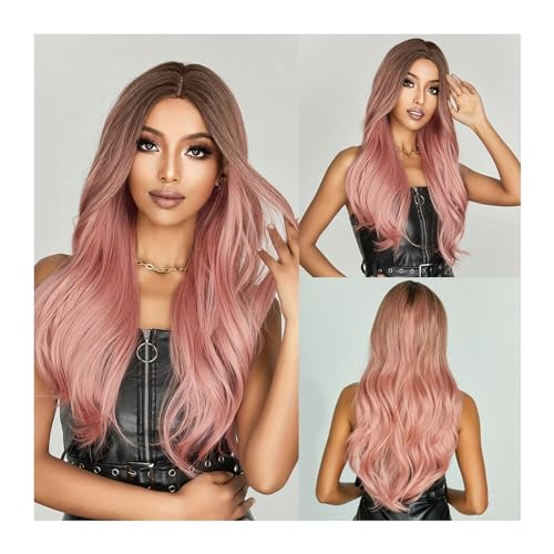 Damen Perücken Hitzebeständige natürliche Mittelteil Cosplay Party Lolita Haarperücken lange gewellte Ombre Braun Lila synthetische Perücken for Frauen Haare täglich Perücke(Color:LC313-1) von Xumh2024-3