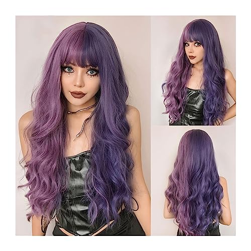 Damen Perücken Lila rosa lange gewellte synthetische Perücke mit Pony Cosplay Haar zweifarbige Ombre-Perücke for Frauen hitzebeständig Haare täglich Perücke von Xumh2024-3