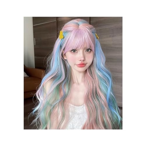 Damen Perücken Natürliche gewellte Haarperücke for Frauen, Cosplay, hitzebeständig, 28 Zoll, schillernde Regenbogenfarbe, mehrfarbige synthetische Perücken mit langem Pony Haare täglich Perücke von Xumh2024-3