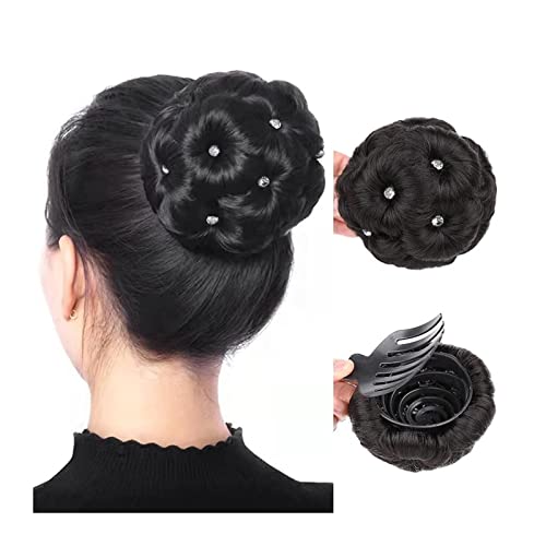Haarknoten Synthetischer Haarknoten, eleganter geflochtener Chignon-Clip-in-Haarknoten for Damen, Hochsteckfrisur, Haarteil mit Strasssteinen for Hochzeitsfeier Haarschmuck Damen (Color : Natural bla von Xumh2024-3