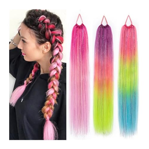 Pferdeschwanzverlängerung Farbige geflochtene Pferdeschwanzverlängerung mit Haargummi, gerader Ombre-Flechtpferdeschwanz mit glitzerndem Lametta, 66 cm langes synthetisches Haarteil for Damen, Kinder, von Xumh2024-3