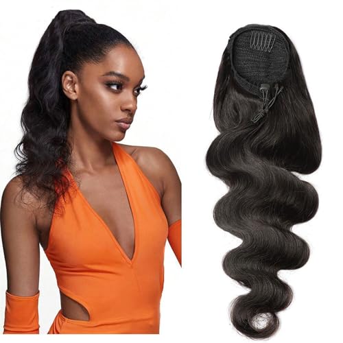 Pferdeschwanzverlängerung Natürlicher schwarzer Clip-in-Pferdeschwanz mit Kordelzug, gewelltes Echthaar, Pferdeschwanz-Extensions for Frauen, 20,3-66 cm Pferdeschwanz Extensions(16inch 100g) von Xumh2024-3