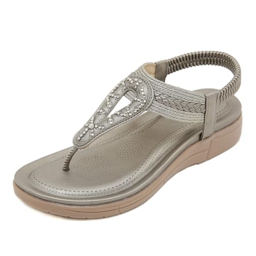 Xumilala Damen Sandalen Keilabsatz Einfarbig Strass Elastischer Knöchelriemen Clip Toe Lässiger Urlaubsstil Flache Sandale Hausschuhe Orthopädische Sommer Elegante Mode Offene Zehenpartie Schuhe 2025 von Xumilala