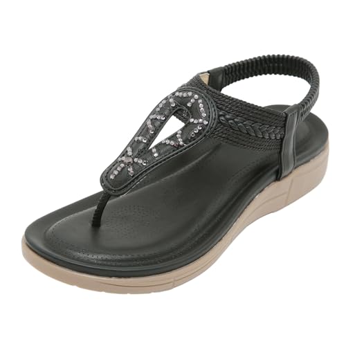 Xumilala Damen Sandalen Keilabsatz Einfarbig Strass Elastischer Knöchelriemen Clip Toe Lässiger Urlaubsstil Flache Sandale Hausschuhe Orthopädische Sommer Elegante Mode Offene Zehenpartie Schuhe 2025 von Xumilala