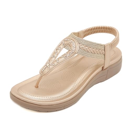Xumilala Damen Sandalen Keilabsatz Einfarbig Strass Elastischer Knöchelriemen Clip Toe Lässiger Urlaubsstil Flache Sandale Hausschuhe Orthopädische Sommer Elegante Mode Offene Zehenpartie Schuhe 2025 von Xumilala