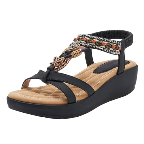 Xumilala Damen Sandalen Strass Casual Vielseitige Strandsandalen Große Größe Keilabsatz Orthopädische Elegante Leichte und Bequeme Vintage Keilsandalen Mode Sommerschuhe Offene Zehenpartie Schuhe 2025 von Xumilala