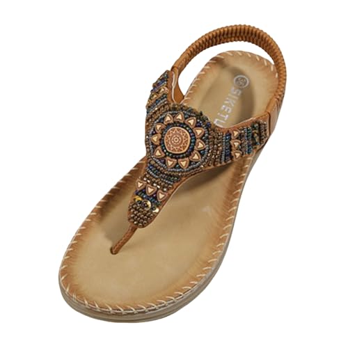 Xumilala Damen Sandalen Strasssteinen Bohemian-Stil Orthopädische Frauen Sommer Elegante Leichte und Bequeme Vintage Mode Offene Zehenpartie Rutschfeste Strandurlaub in großen Größen Schuhe 2025 von Xumilala