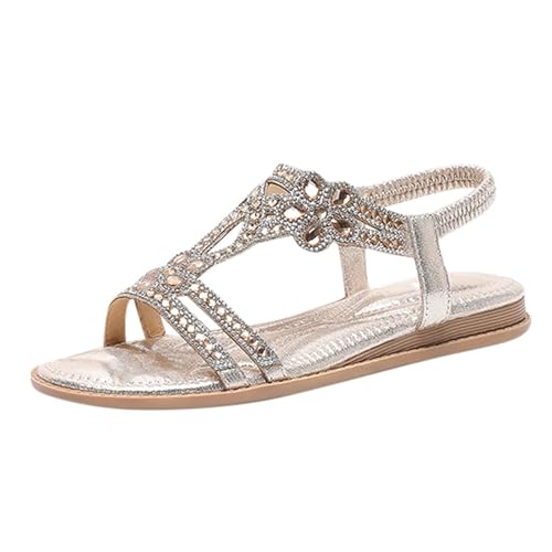 Xumilala Damen Sandalen mit Elastischem Knöchelriemen Lässige Bohemian-Strandschuhe Modische Freizeitschuhe mit Kristallblumenmuster Offene Zehenpartie Niedrige Absätze Frauen Sommer Elegante Schuhe von Xumilala