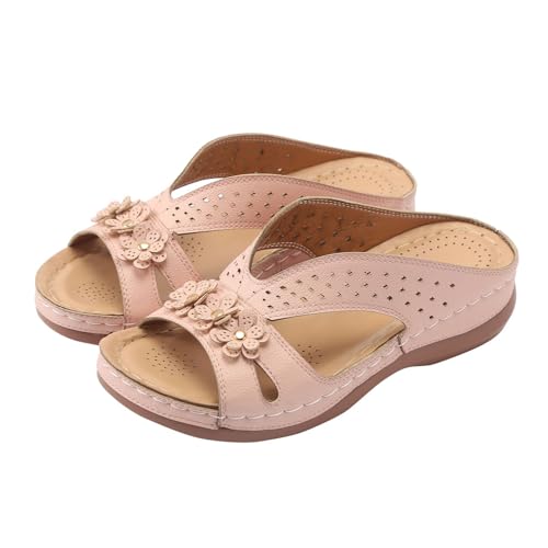 Xumilala Flache Pantoletten Damen Flip Flops Leder Elegante Sommer Einfarbig Blumenmuster Hausschuhe Reinschlüpfen Bequeme Leichte Plateau Schuhe Keilabsatz Slides Sandalen Plattform Slipper von Xumilala