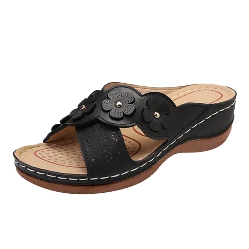 Xumilala Lässige Pantoletten Damen Flip Flops mit Blumenmuster hohlem Keilabsatz Leder Elegante Sommer Hausschuhe Schuhe Orthopädische Keilabsatz Slides Sandalen Plattform Walking Slipper Bohemian von Xumilala