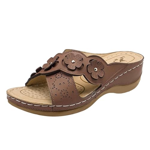 Xumilala Lässige Pantoletten Damen Flip Flops mit Blumenmuster hohlem Keilabsatz Leder Elegante Sommer Hausschuhe Schuhe Orthopädische Keilabsatz Slides Sandalen Plattform Walking Slipper Bohemian von Xumilala
