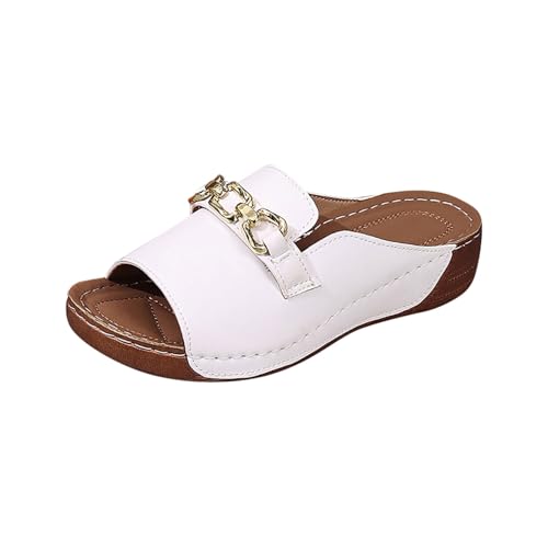 Xumilala Pantoletten Damen Dickbesohlte Große Größe breite Riemen Flip Flops Leder Elegante Sommer Hausschuhe Schuhe Orthopädische Keilabsatz Slides Metalldekoration Sandalen Plattform Slipper von Xumilala