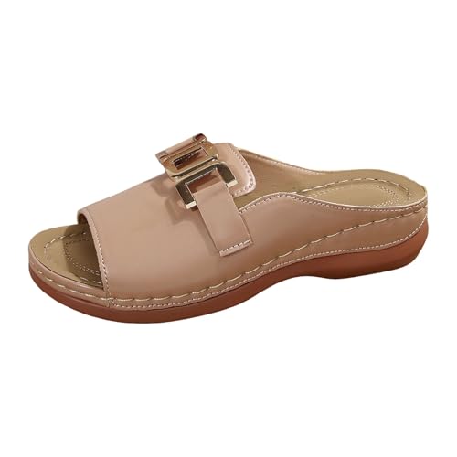 Xumilala Pantoletten Damen Dicken Sohlen Keilabsatz Flip Flops Leder Sommer Modische Hausschuhe Schuhe Slides Lässige Strand Sandalen Plattform Fischmaul-Dekoration und offener Ferse Slipper von Xumilala