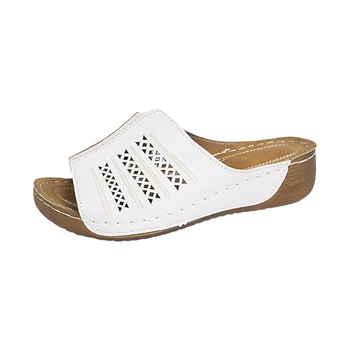 Xumilala Pantoletten Damen Dicker Sohle Atmungsaktiv Modisch Flip Flops Leder Elegante Sommer den Weg zur Arbeit Hausschuhe Schuhe Hohlem Keilabsatz Slides Einfarbig Sandalen Plattform Slipper von Xumilala