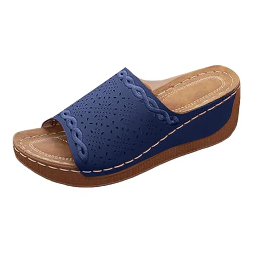 Xumilala Pantoletten Damen Dicker Sohle und Keilabsatz Flip Flops Leder Modisch Lässig Elegante Sommer Hausschuhe Slingback Schuhe Keilabsatz Slides Hohlem Fischmaul Strand Sandalen Plattform Slipper von Xumilala