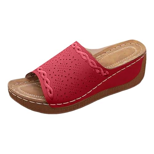 Xumilala Pantoletten Damen Dicker Sohle und Keilabsatz Flip Flops Leder Modisch Lässig Elegante Sommer Hausschuhe Slingback Schuhe Keilabsatz Slides Hohlem Fischmaul Strand Sandalen Plattform Slipper von Xumilala