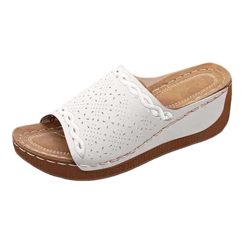 Xumilala Pantoletten Damen Dicker Sohle und Keilabsatz Flip Flops Leder Modisch Lässig Elegante Sommer Hausschuhe Slingback Schuhe Keilabsatz Slides Hohlem Fischmaul Strand Sandalen Plattform Slipper von Xumilala