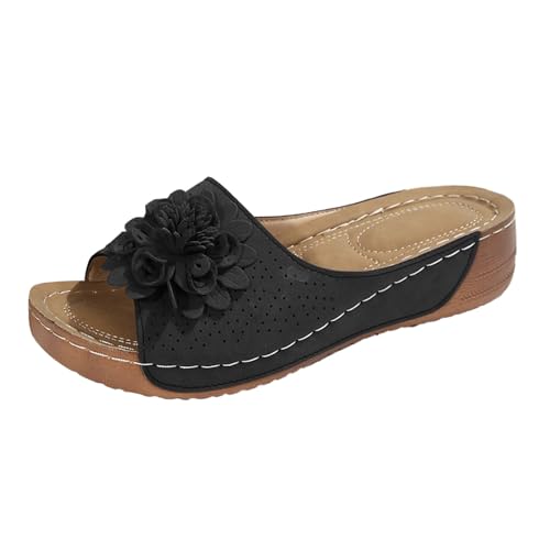 Xumilala Pantoletten Damen Flip Flops Dicken Sohlen und Blumenmuster lässig einfarbig offene Zehenpartie Hohl für Frühling und Sommer Hausschuhe Schuhe Keilabsatz Slides Sandalen Plattform Slipper von Xumilala
