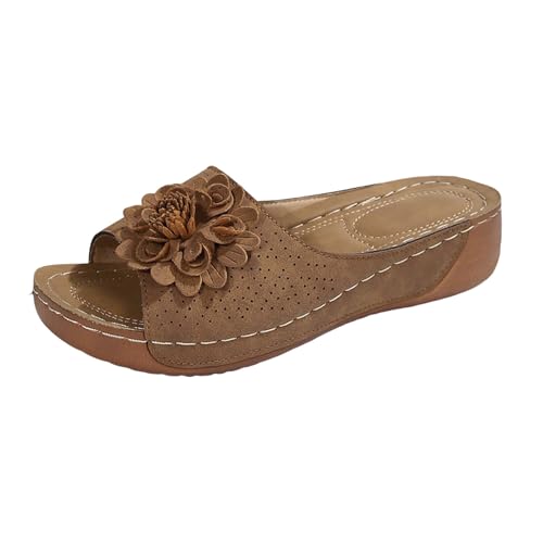 Xumilala Pantoletten Damen Flip Flops Dicken Sohlen und Blumenmuster lässig einfarbig offene Zehenpartie Hohl für Frühling und Sommer Hausschuhe Schuhe Keilabsatz Slides Sandalen Plattform Slipper von Xumilala