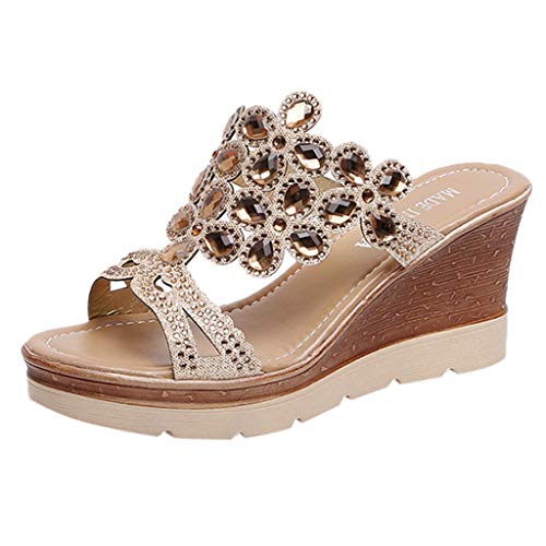 Xumilala Pantoletten Damen Flip Flops Elegante Frauen Sommer Hausschuhe Strass Slip Auf Keile Schuhe Orthopädische Keilabsatz Slides Offene Spitze Atmungsaktive Strand Mode Sandalen Plattform Slipper von Xumilala