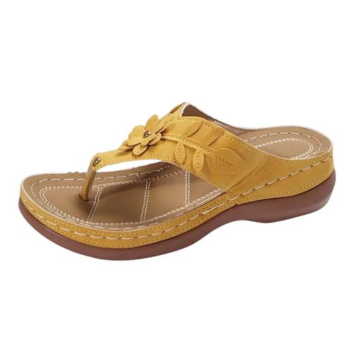 Xumilala Pantoletten Damen Flip Flops Keilsandalette Bohemian Runde Zehen Hohle Blume Leder Unterstützung Slip On Elegante Sommer Hausschuhe Schuhe Orthopädische Keilabsatz Slides Sandalen Slipper von Xumilala