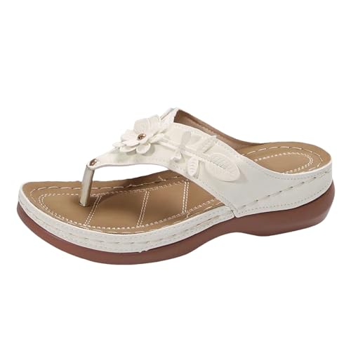 Xumilala Pantoletten Damen Flip Flops Keilsandalette Bohemian Runde Zehen Hohle Blume Leder Unterstützung Slip On Elegante Sommer Hausschuhe Schuhe Orthopädische Keilabsatz Slides Sandalen Slipper von Xumilala