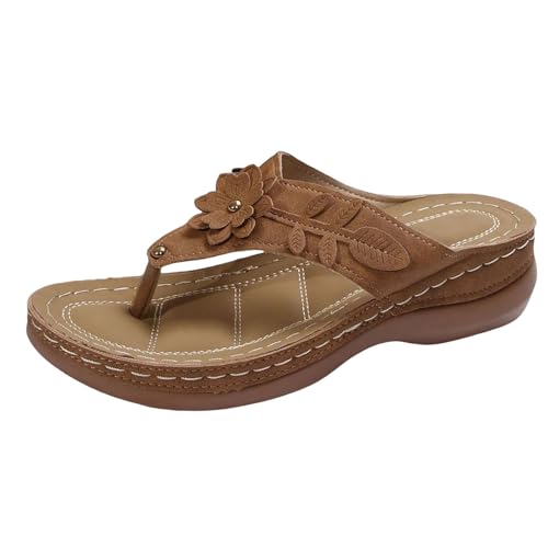 Xumilala Pantoletten Damen Flip Flops Keilsandalette Bohemian Runde Zehen Hohle Blume Leder Unterstützung Slip On Elegante Sommer Hausschuhe Schuhe Orthopädische Keilabsatz Slides Sandalen Slipper von Xumilala